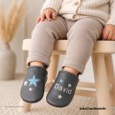 Krabbelschuhe anthrazit mit rechts 3 unterschiedliche Sterne (hellblau-grau-weiß) und links Namen mittig (weiß) mit 3 kleinen Sternen, Vorschaubild KI generiert